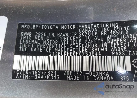 2017 Toyota Corolla Le из США, поврежденный, VIN 2T1BURHE8HC759644